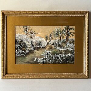 Vintage Original Winter Landscape Painting Snow Scene Gold Tone Framed Signed